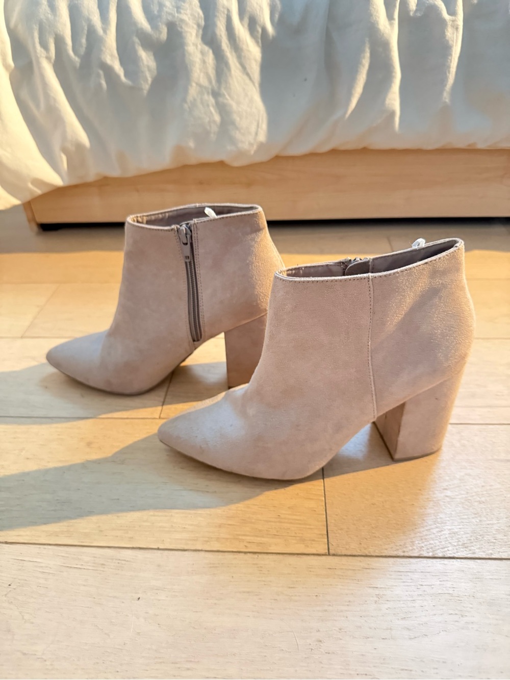 Divided Suede Pointed Ankle Booties in Taupe